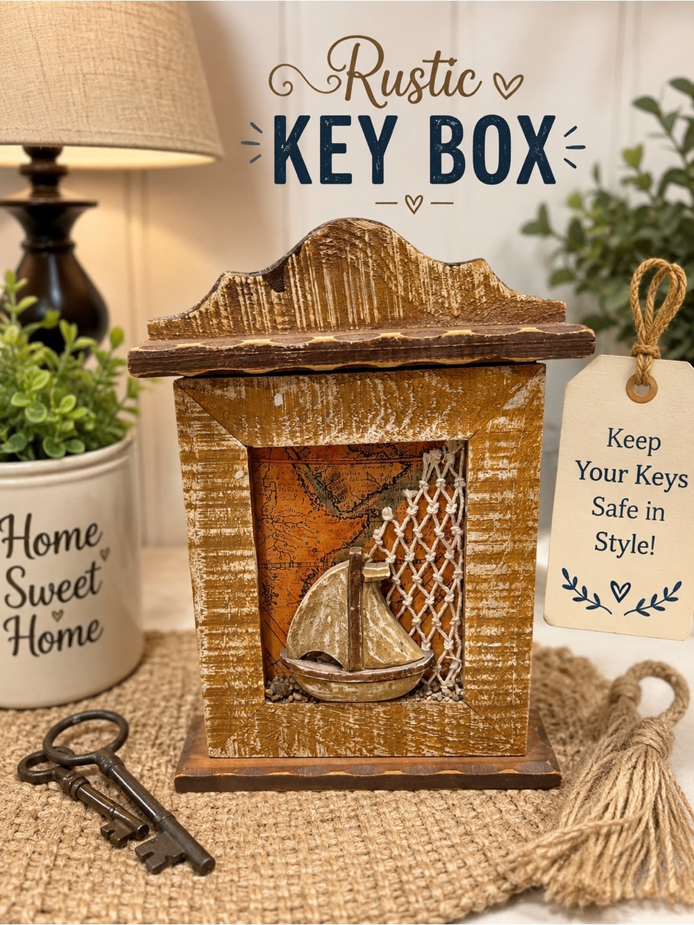 Source Unknown Rustic Gold Brown Sailboat Key Box